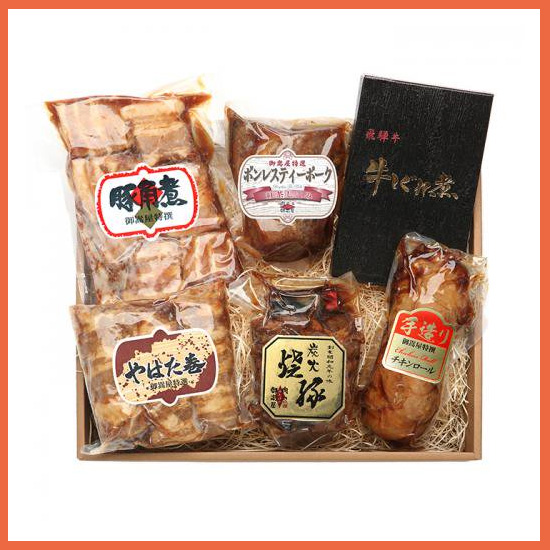【直送】炭火焼豚・豚角煮・やはた巻き・飛騨牛しぐれ煮・チキンロール・ティーポーク・化粧箱